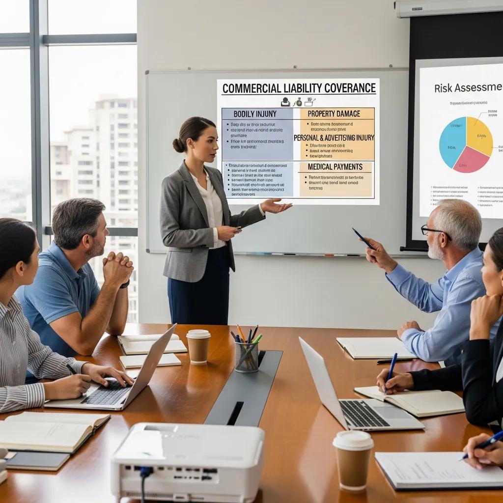 Business meeting discussing commercial liability coverage, featuring a presenter explaining key features like bodily injury and property damage, with visual aids on screens.