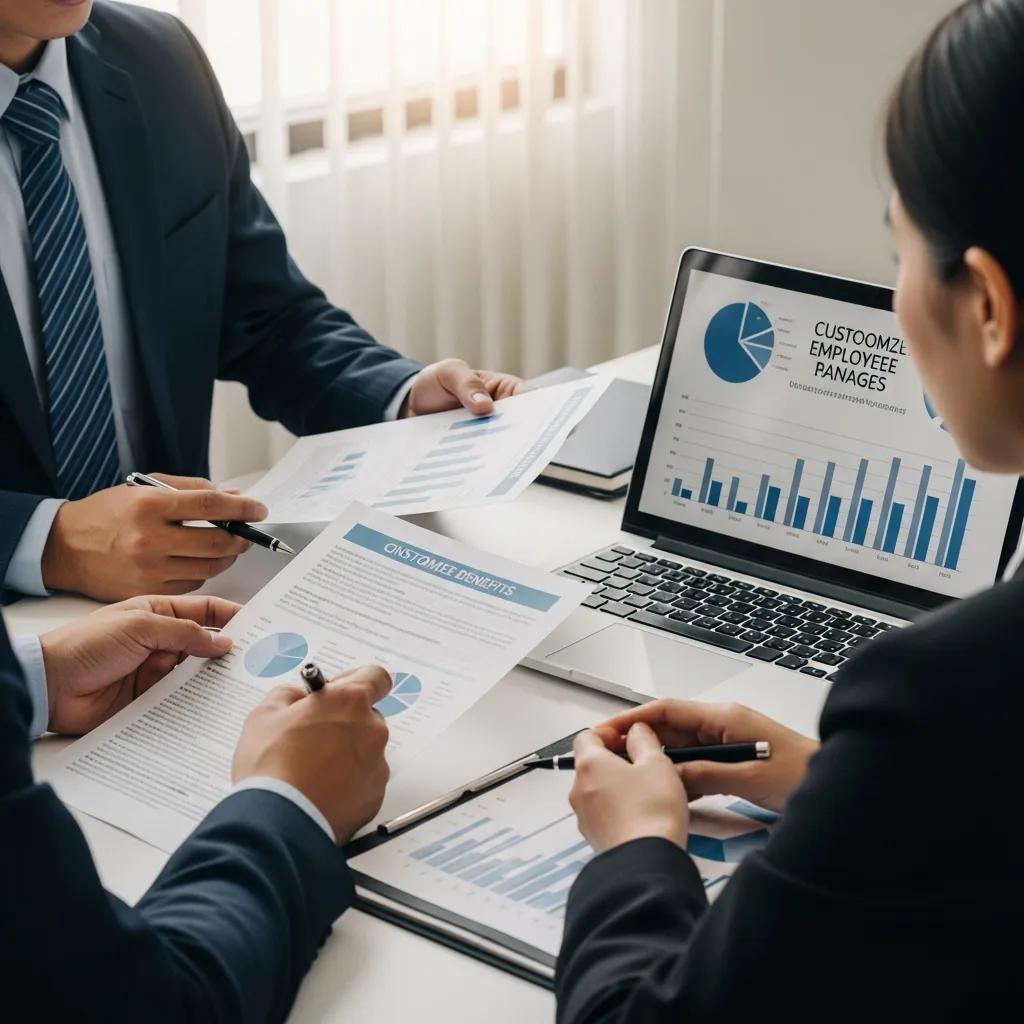 Business owner and insurance broker reviewing customized employee benefits packages