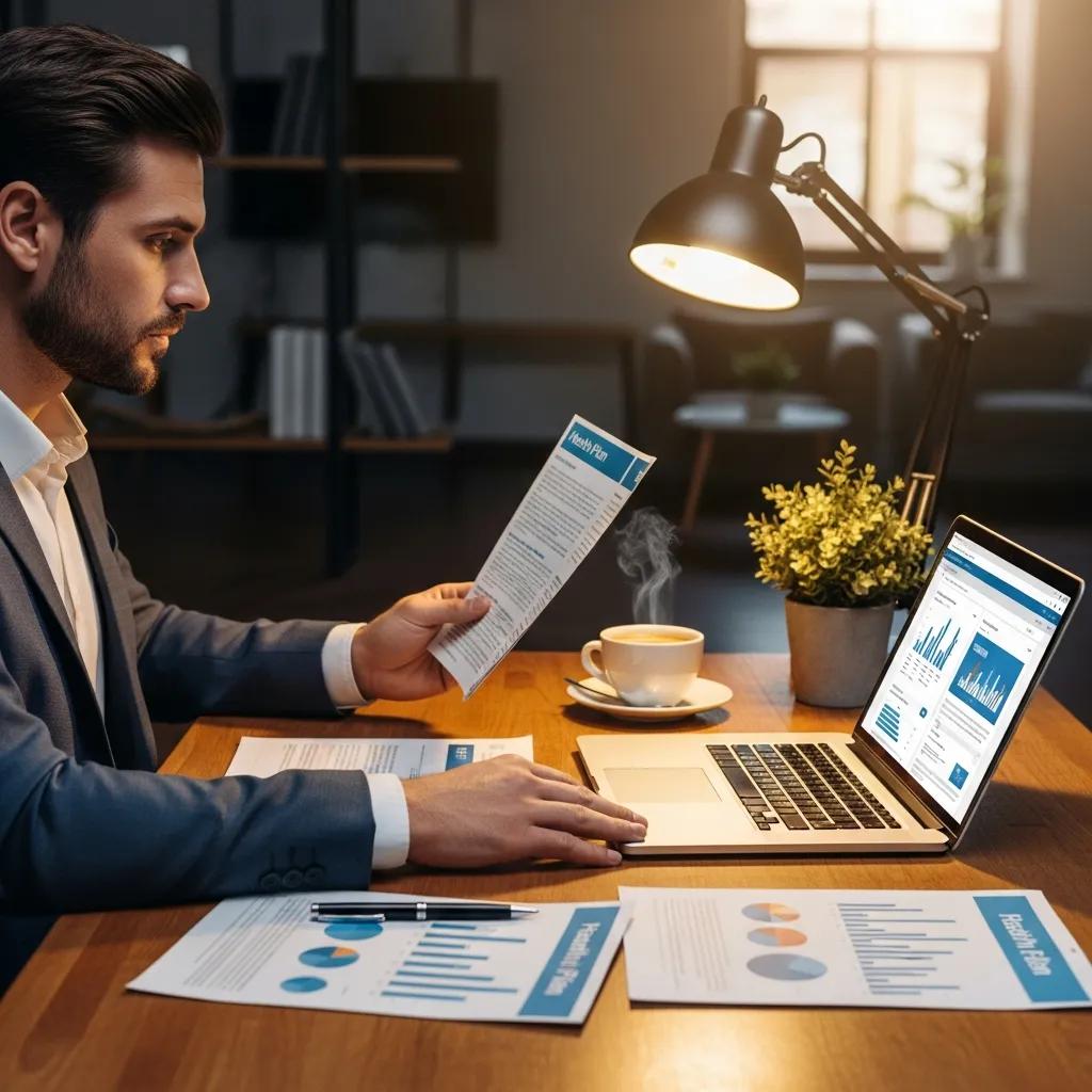 Business owner reviewing self-funded health insurance options at a desk