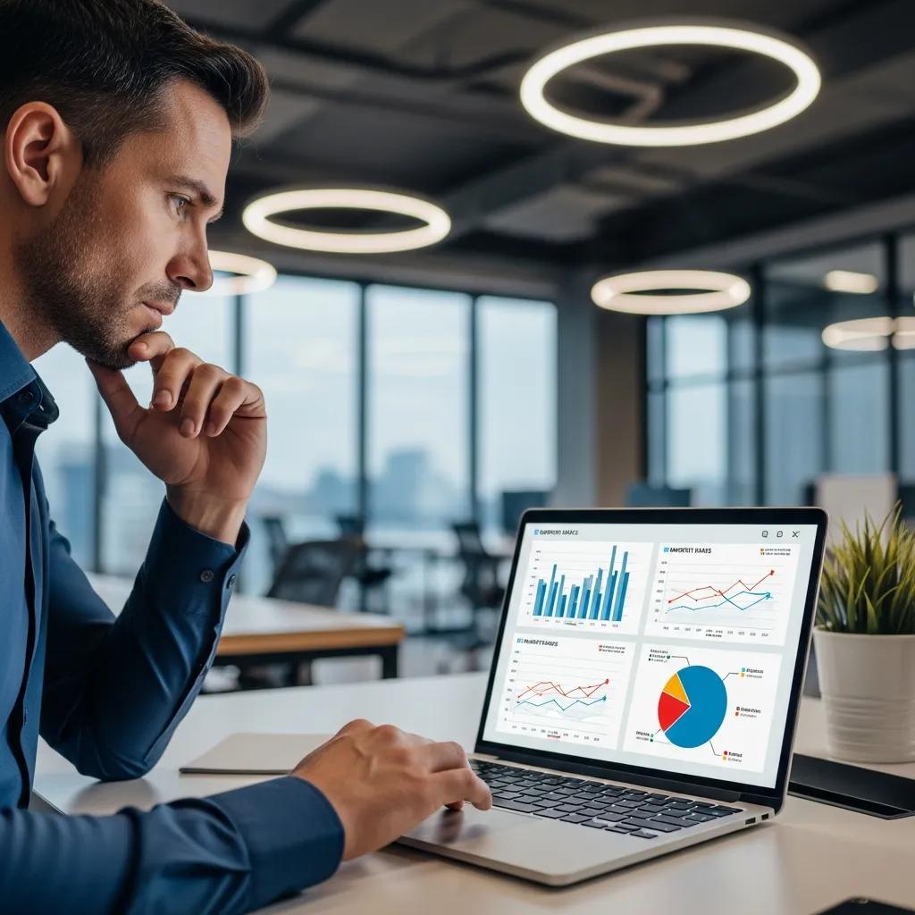 Business professional analyzing data on a laptop, focusing on graphs and charts related to employee benefits and cost efficiency in a modern office setting.