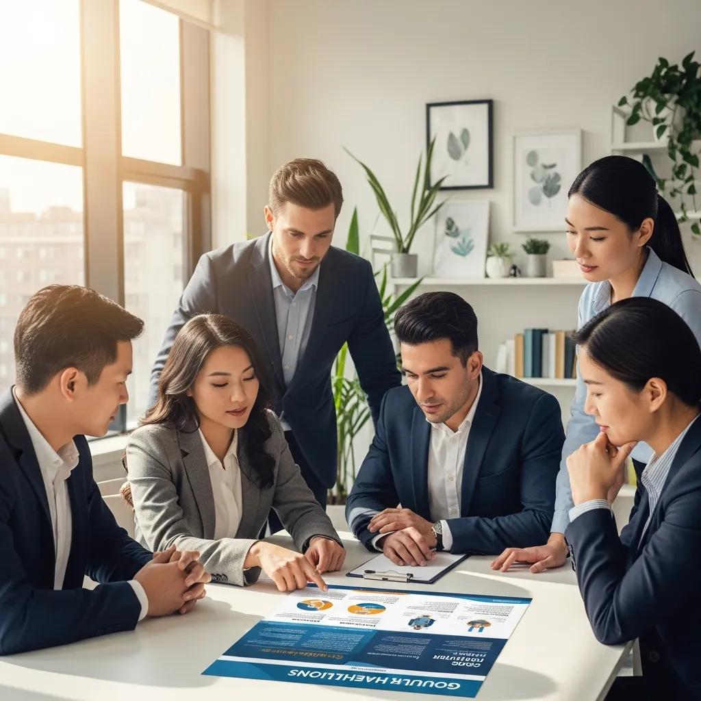 Business professionals discussing group health insurance solutions in a collaborative office setting