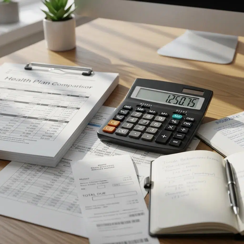 Calculator and financial documents representing cost analysis for health plans