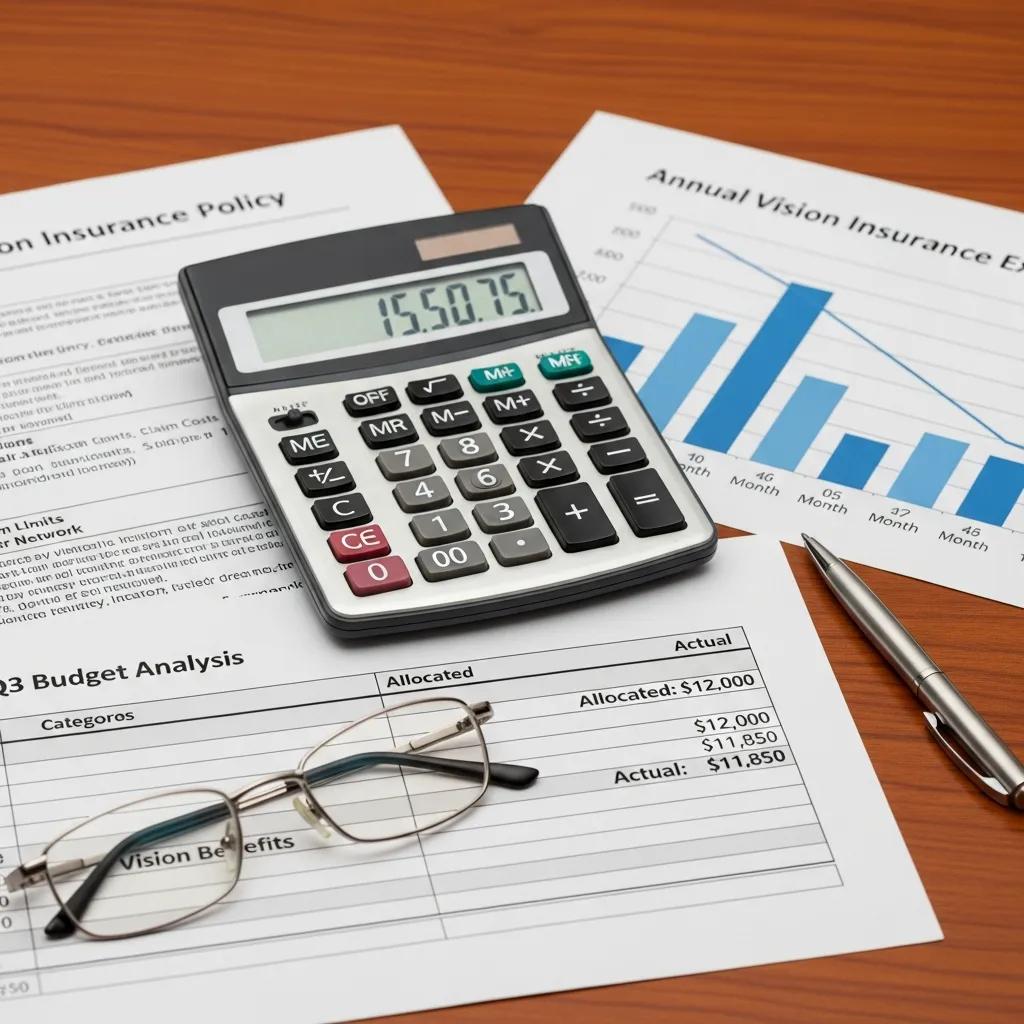 Calculator and financial documents with glasses, representing the cost implications of vision insurance