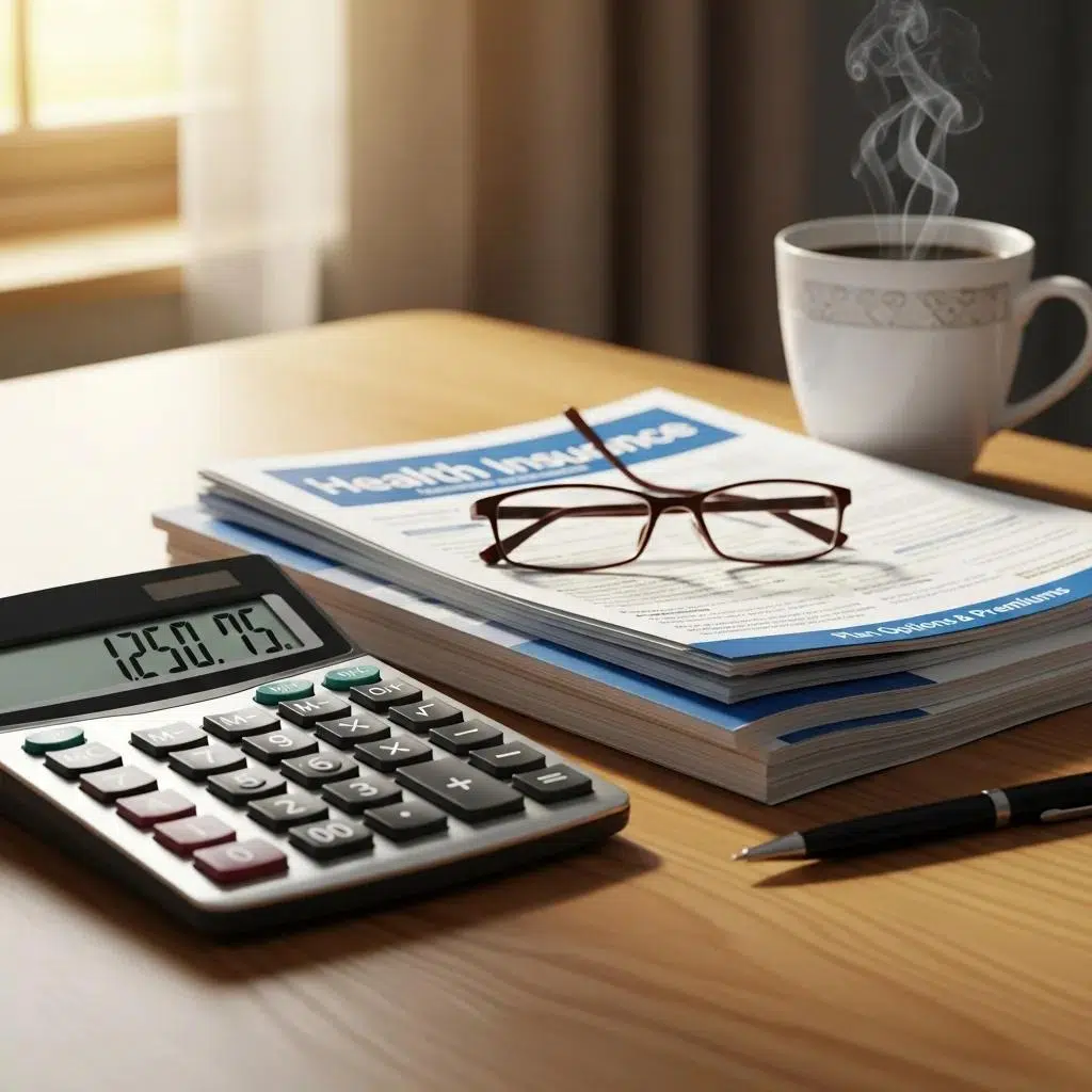 Calculator and health insurance documents representing cost considerations for small businesses