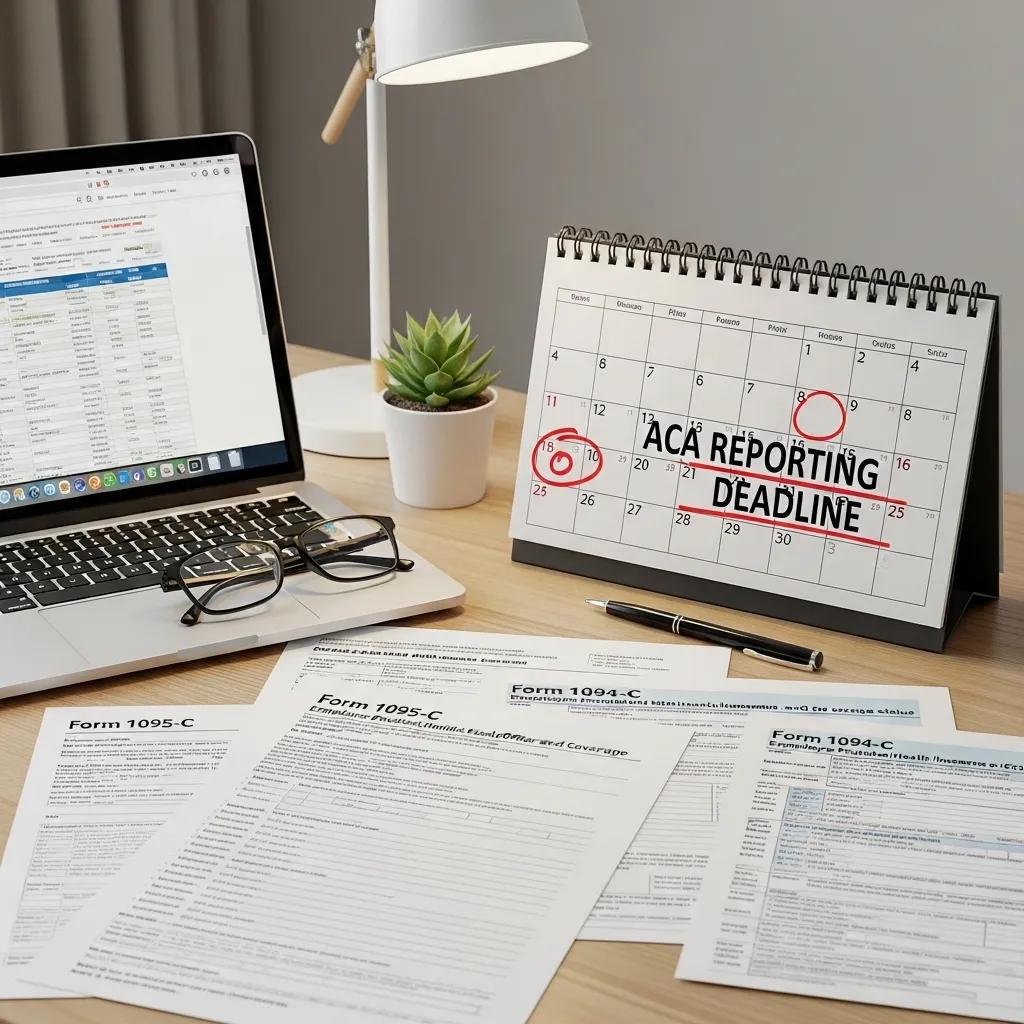 Calendar with ACA reporting deadlines and health insurance forms