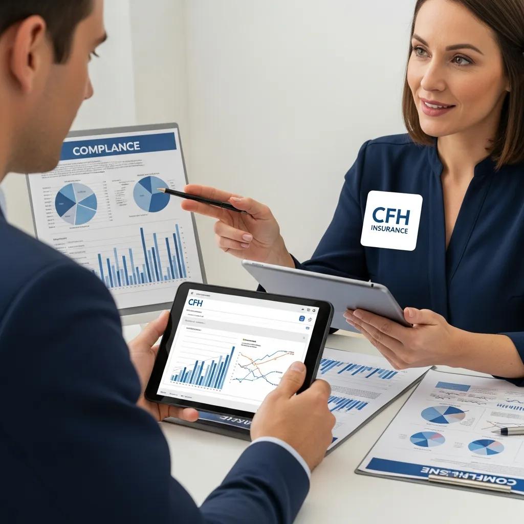 Consultant advising a Michigan employer on healthcare compliance strategies, displaying CFH Insurance branding, with charts and graphs illustrating compliance data.