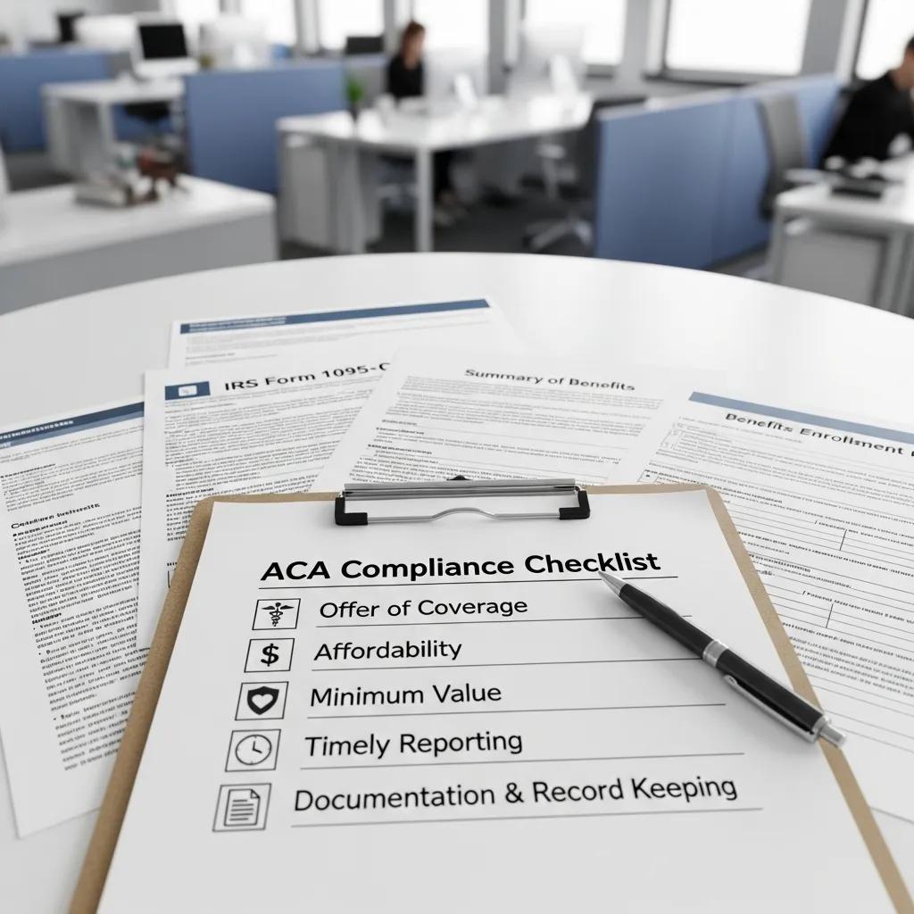 Checklist of ACA compliance requirements with health insurance icons