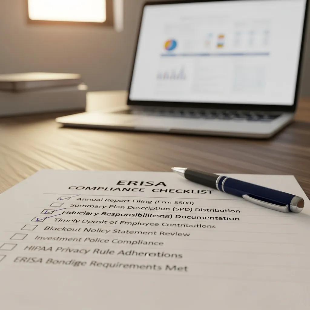 ERISA compliance checklist highlighting key requirements including fiduciary responsibilities, timely deposit of employee contributions, and HIPAA privacy rule adherence, with a laptop displaying graphs in the background.