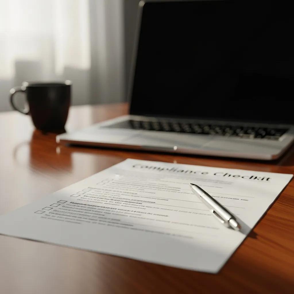 Compliance checklist for employee benefits on a wooden desk with a laptop and coffee cup, emphasizing Michigan employers' compliance requirements.