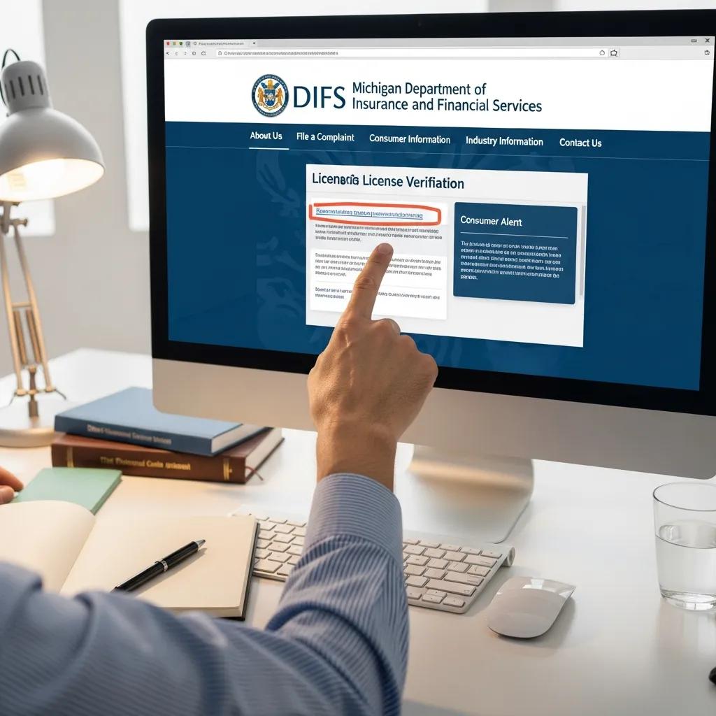 Close-up of a computer screen showing the Michigan Department of Insurance website for broker verification