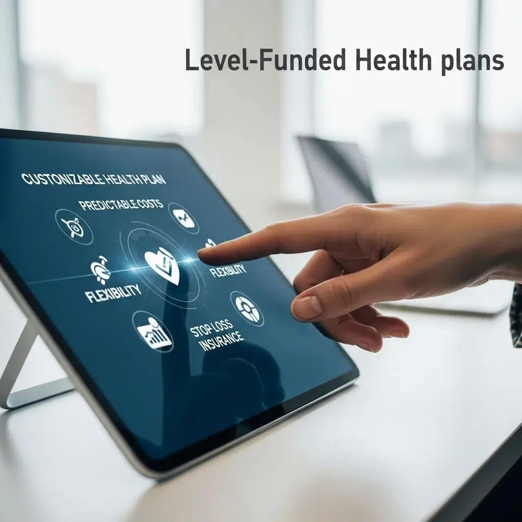 Close-up of a hand interacting with a tablet showing customizable features of level-funded health plans