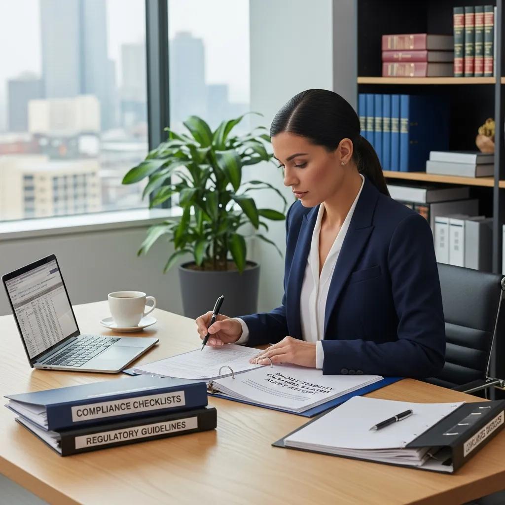 Compliance officer reviewing documents in a well-organized office