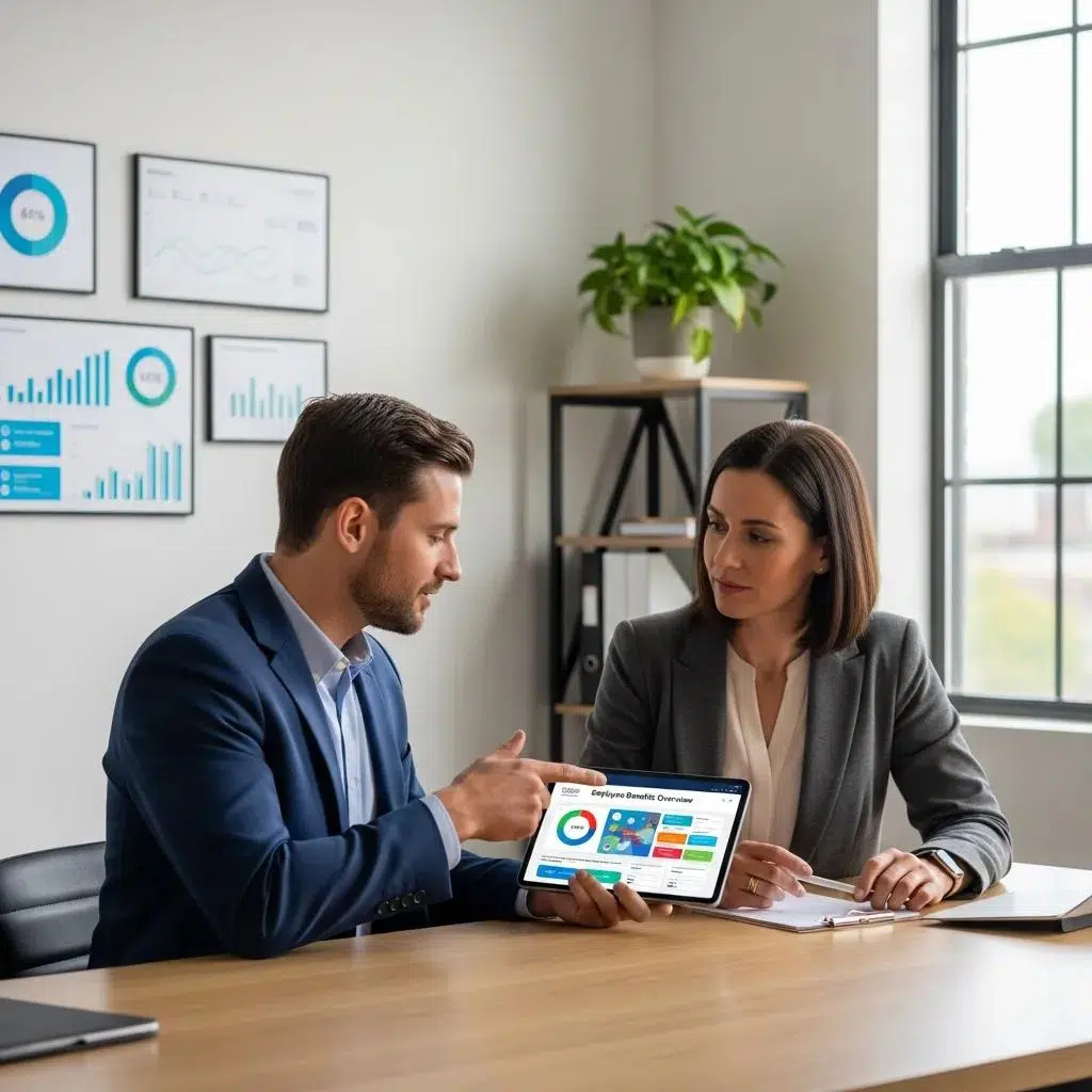 Consultant and business owner reviewing customized employee benefits plans