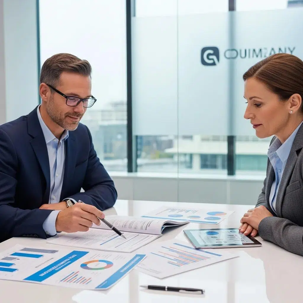 Consultant and business owner reviewing employee benefits plans in a modern office