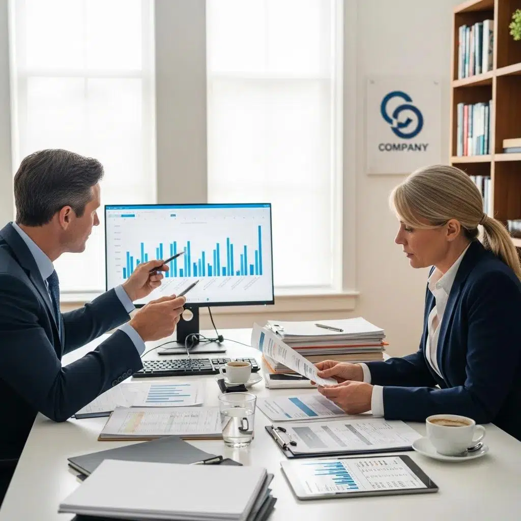 Consultant and employer analyzing cost structures of level-funded health plans