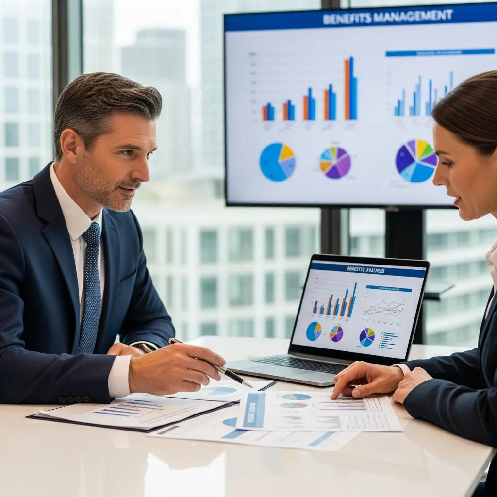 Consultant discussing benefits management strategies with a client in an office