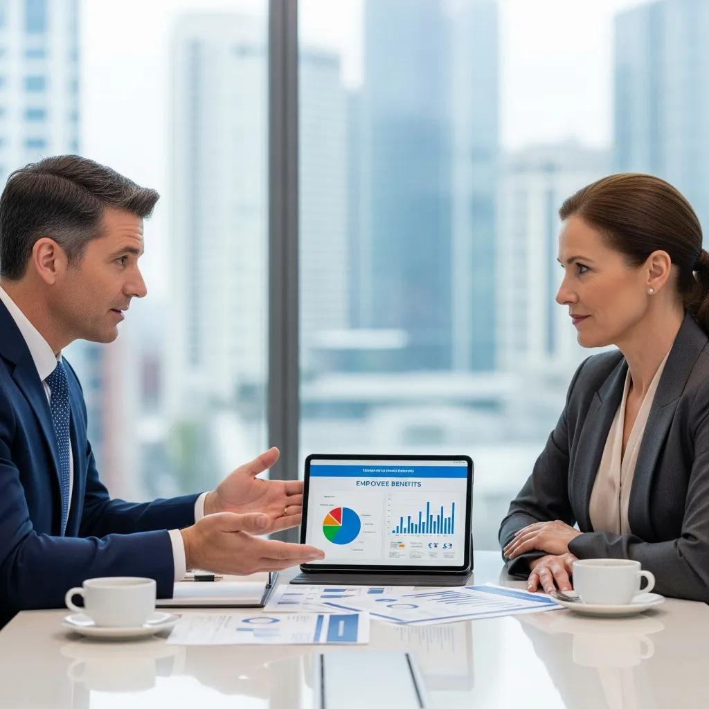 Consultant discussing employee benefits with a business owner in an office