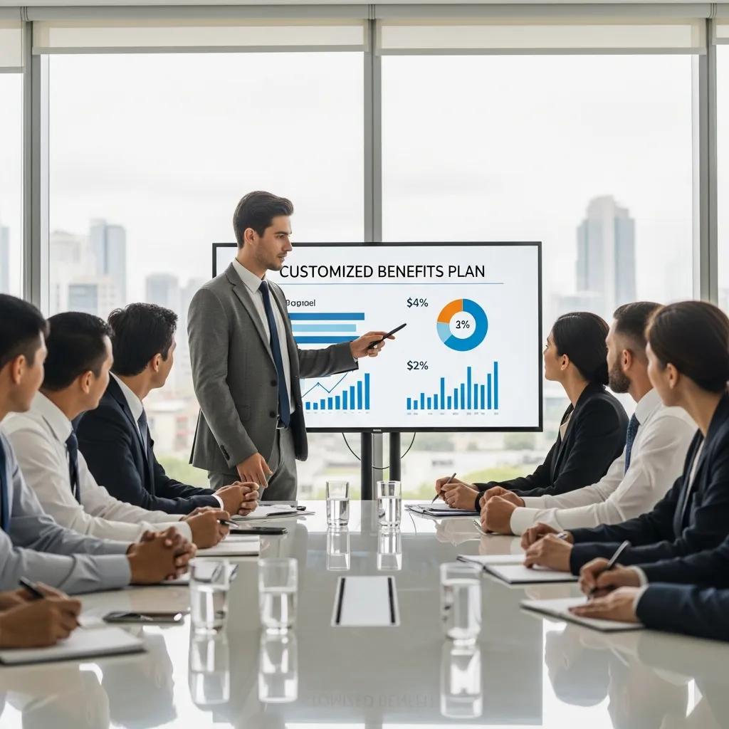 Consultant presenting customized benefits plan to business executives in a conference room