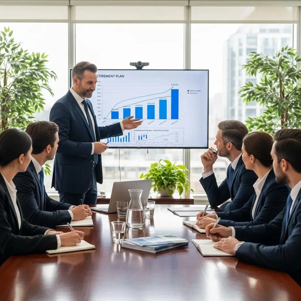 Consultant presenting retirement plan options to business professionals in a conference room