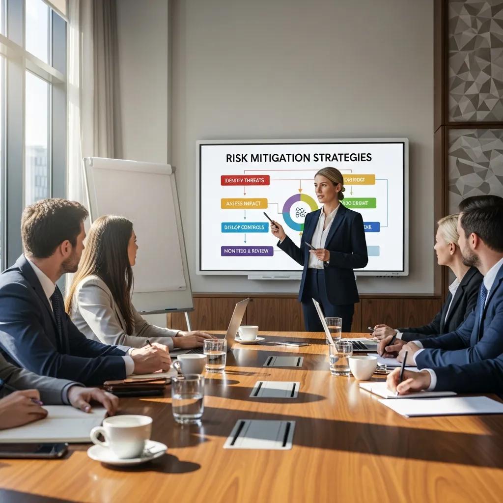 Business consultant presenting risk mitigation strategies during a meeting, with a focus on employee benefits compliance, visual aids on a screen, and attentive audience in a modern conference room.