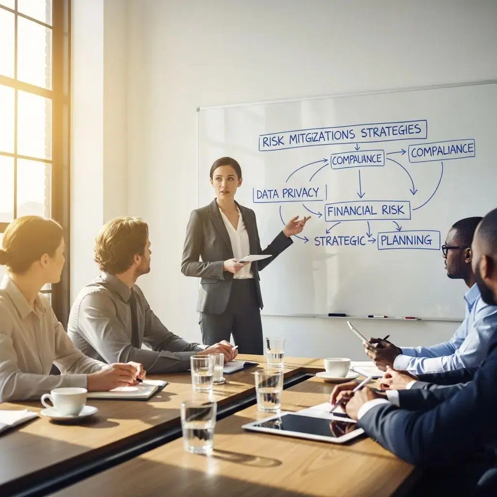 Consultant presenting risk mitigation strategies in a business meeting
