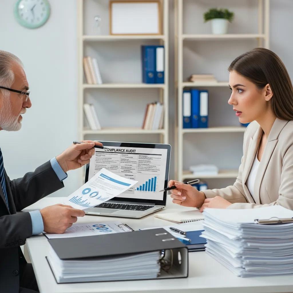 Consultant reviewing compliance regulations with a business owner in an office setting