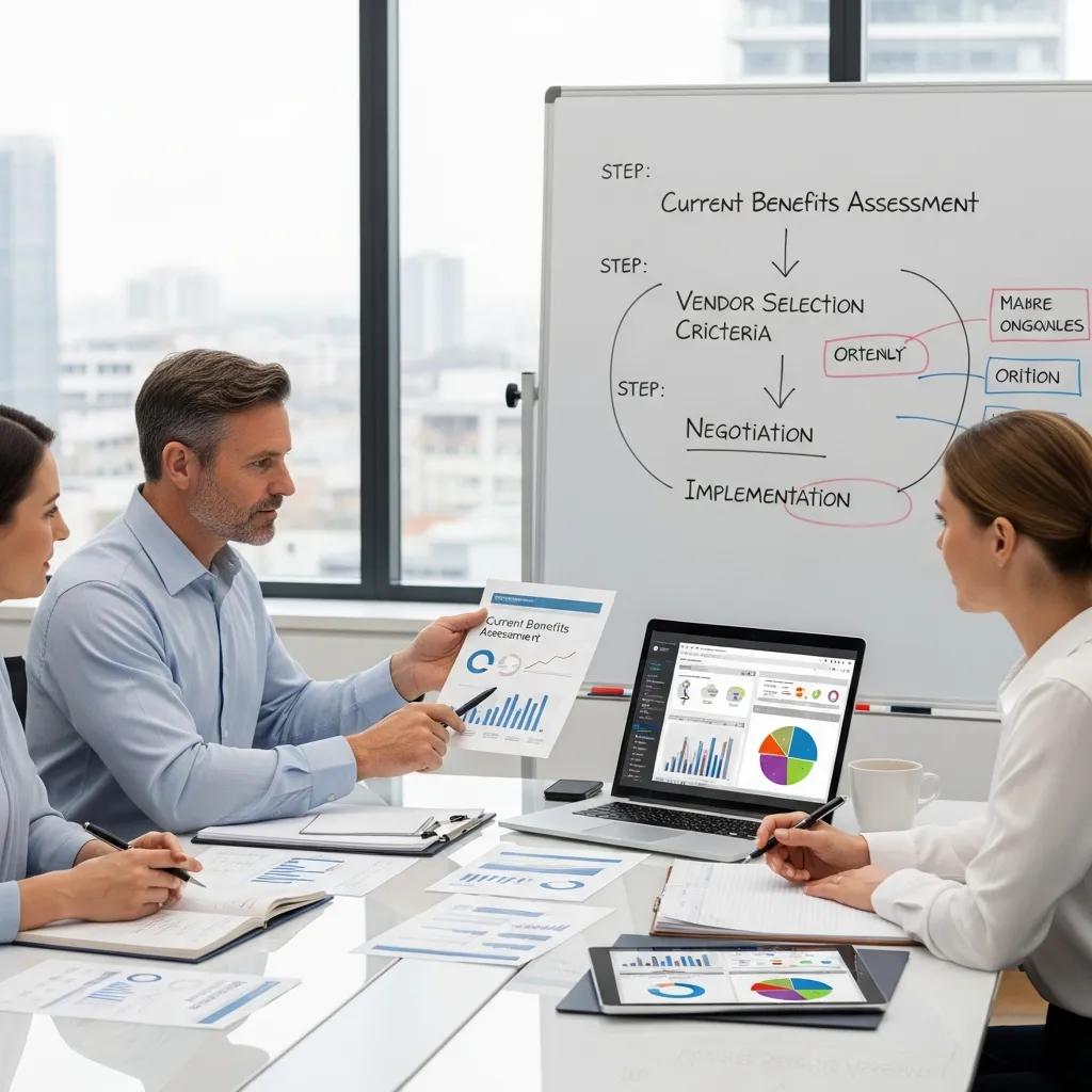 Consultant reviewing employee benefits documents with a client in a professional setting