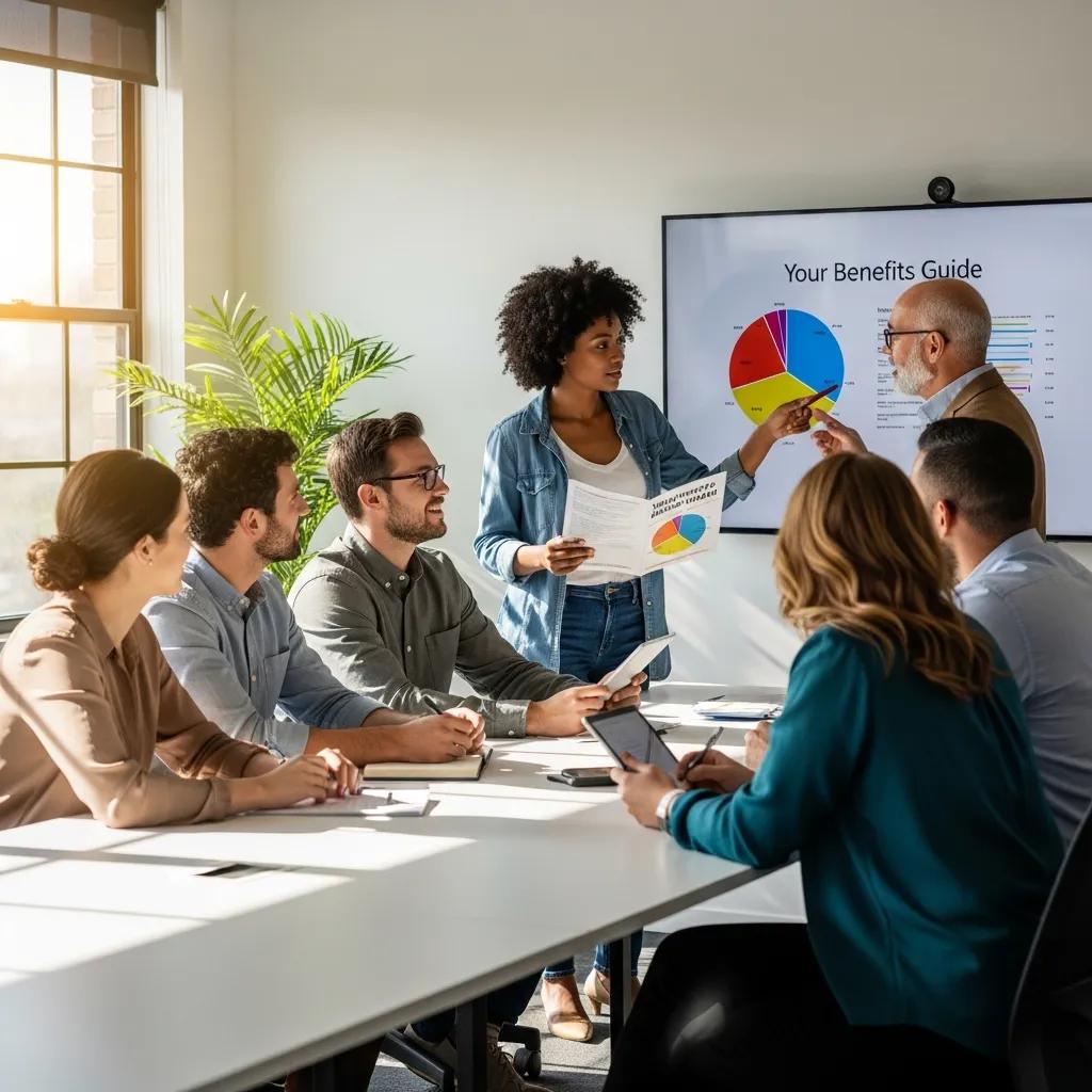 Diverse group of employees collaborating in a modern office, discussing group benefits benchmarking with charts and reports, emphasizing employee benefits strategies for Michigan employers.