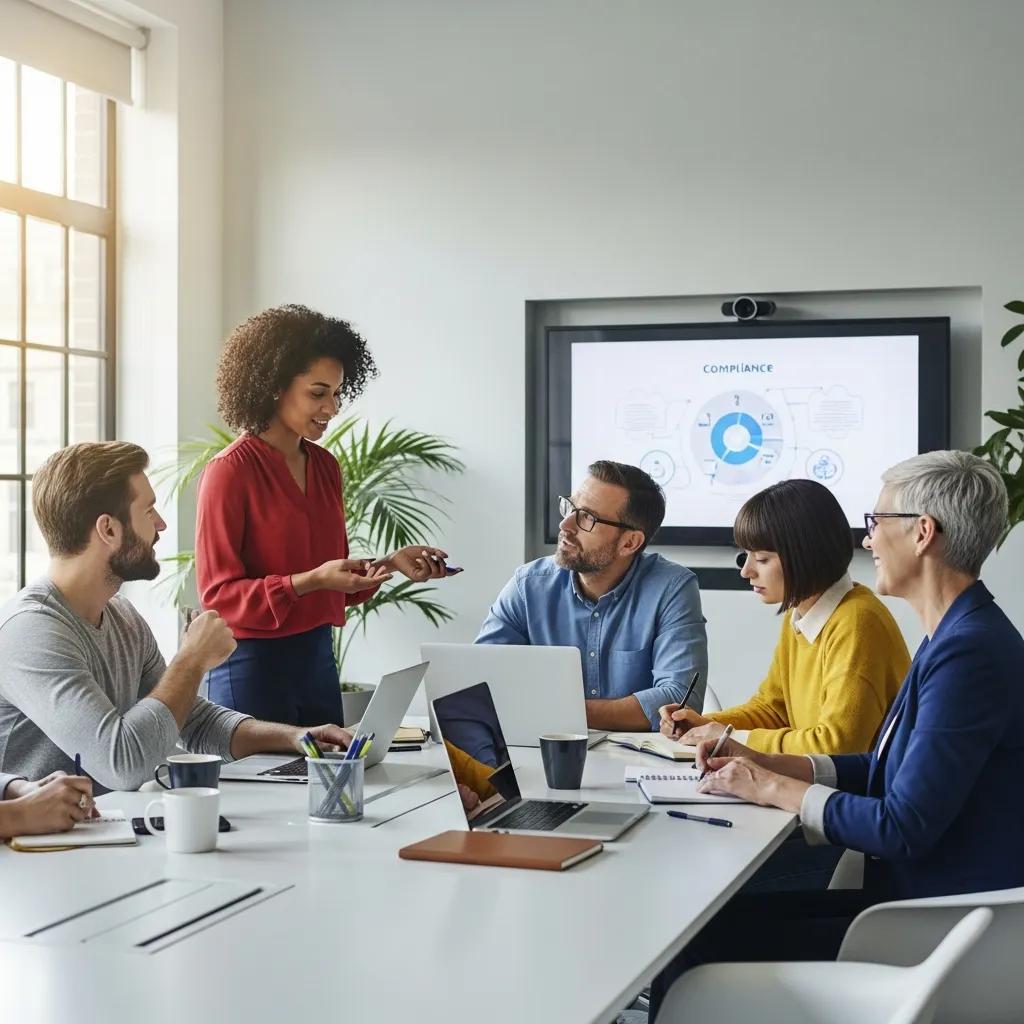 Diverse group of employees collaborating on employee benefits compliance in a modern office, discussing strategies with laptops and a presentation screen displaying "Compliance."