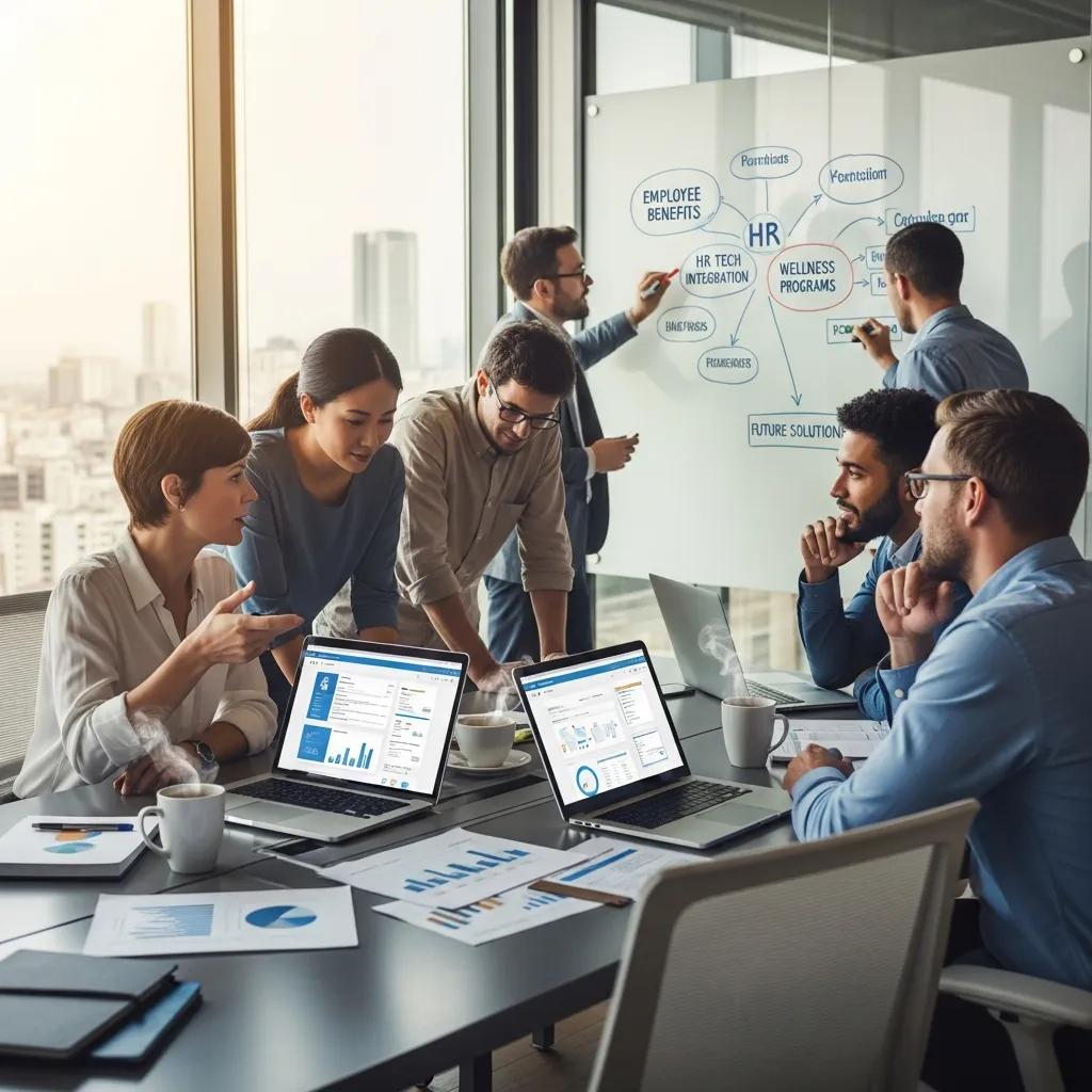 Diverse employees collaborating on HR technology solutions in a modern office