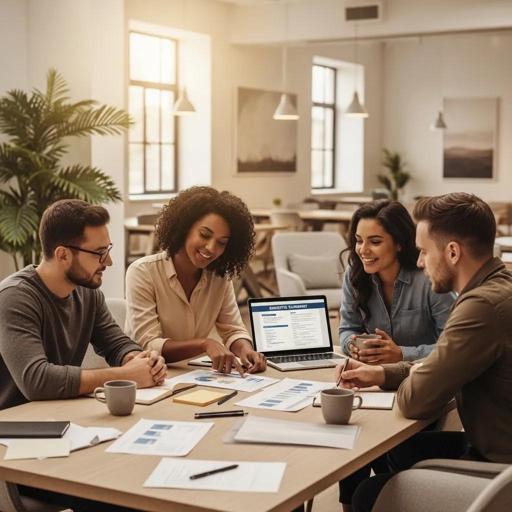 Diverse group of employees discussing employee benefits and compliance trends in a modern office setting, reviewing documents and charts on a table.