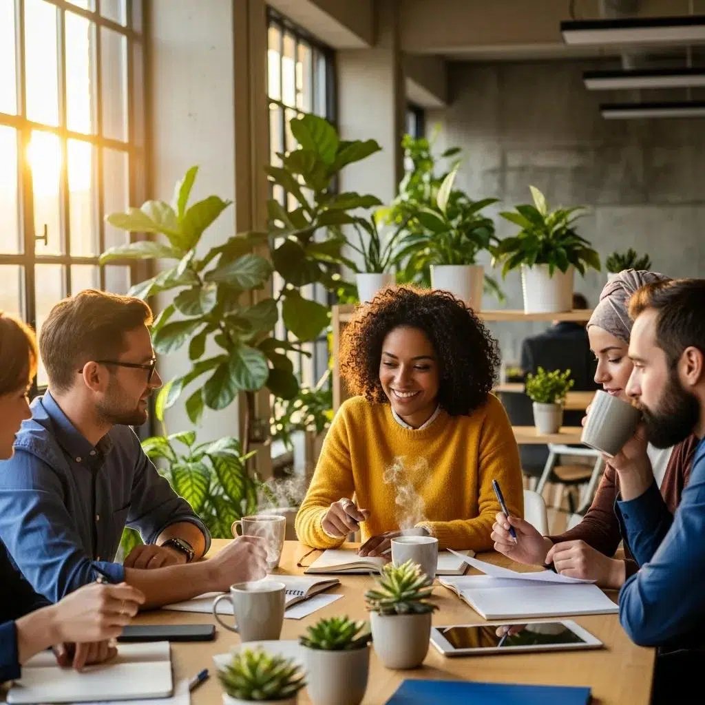 Diverse employees discussing employee benefits in a modern office setting