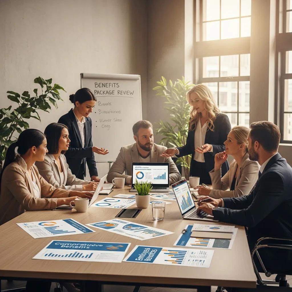 Diverse group of professionals discussing employee benefits package in modern office setting, with laptops and charts on the table, emphasizing consulting strategies for attracting and retaining talent.