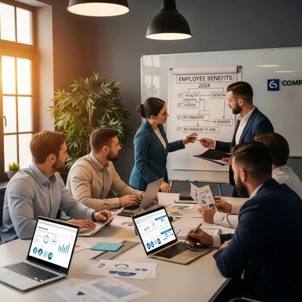 Diverse employees discussing employee benefits in a professional office setting