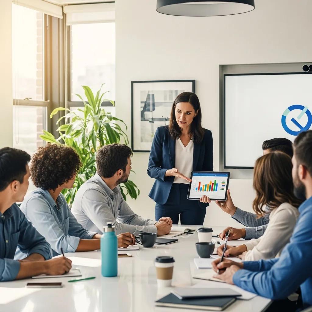 Diverse employees discussing employee benefits with an independent insurance broker in a modern meeting room