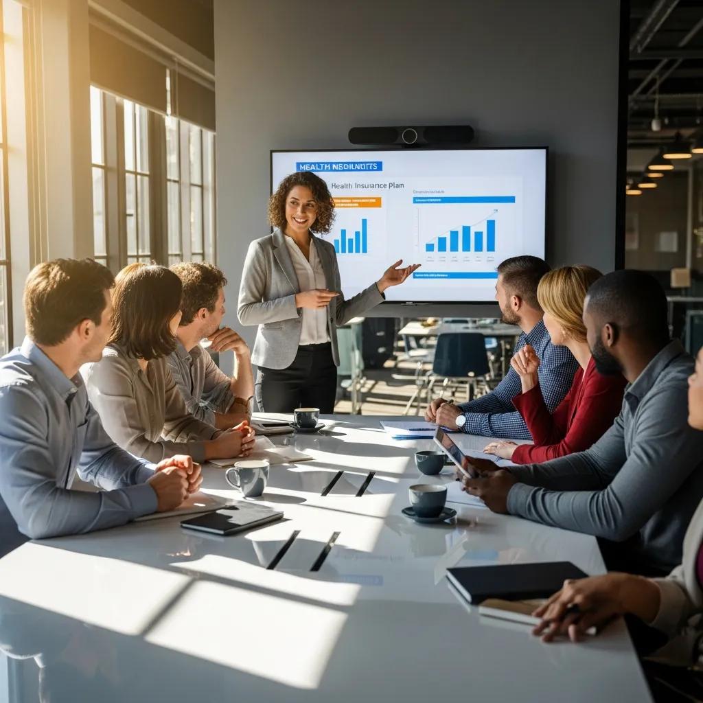 Diverse employees discussing health insurance options in a modern office