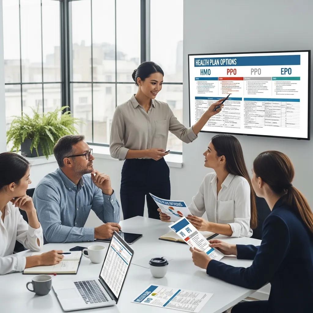 Diverse employees discussing health insurance options in a modern office setting