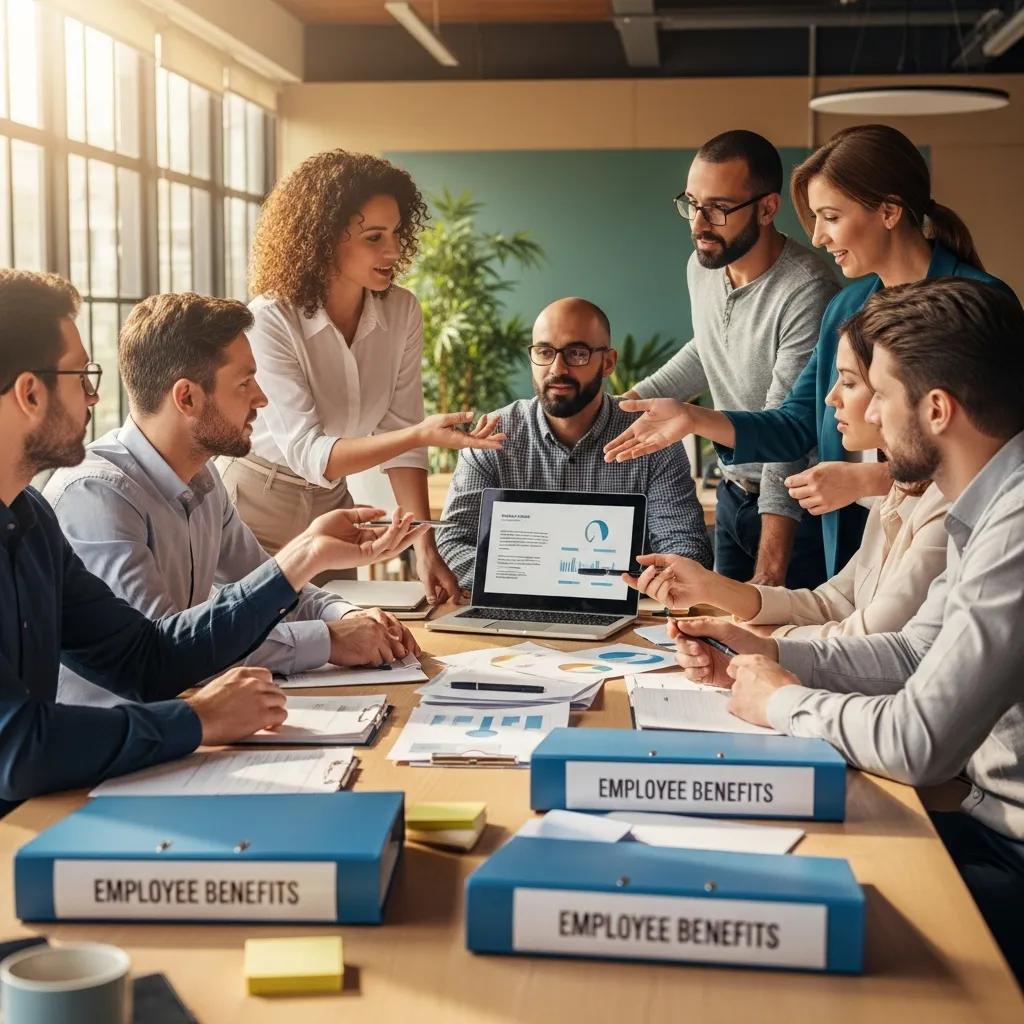 Diverse group of employees discussing employee benefits in a professional office setting