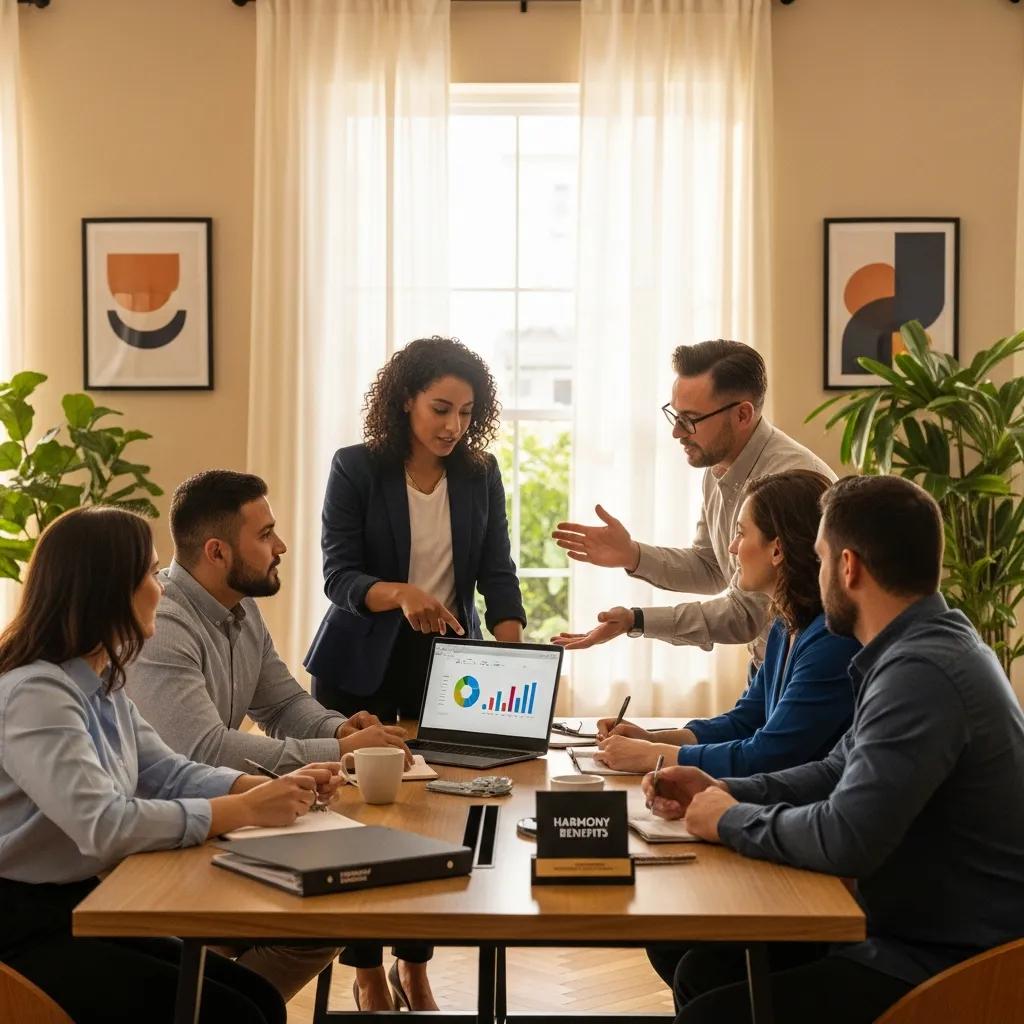 Diverse group of employees discussing employee benefits and strategies in a professional office setting, with a laptop displaying graphs and charts, emphasizing collaboration and analysis for tailored health insurance solutions.