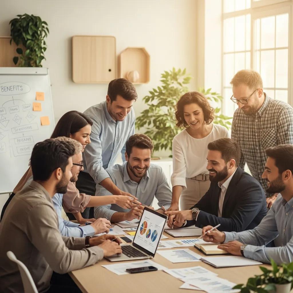 Diverse group of employees discussing employee benefits strategies around a table in a professional office setting, with charts and a laptop displaying data analysis.