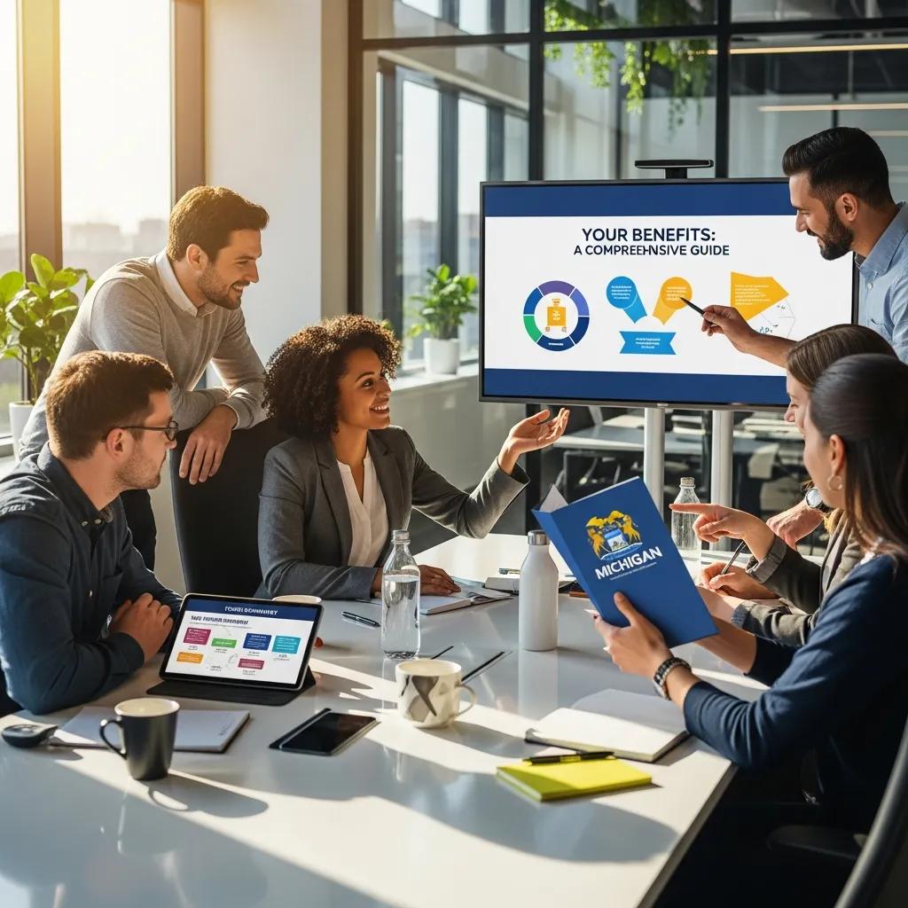 Diverse group of Michigan employees collaborating in a modern office, discussing employee benefits trends, with a presentation on a screen and a folder labeled "Michigan" on the table.