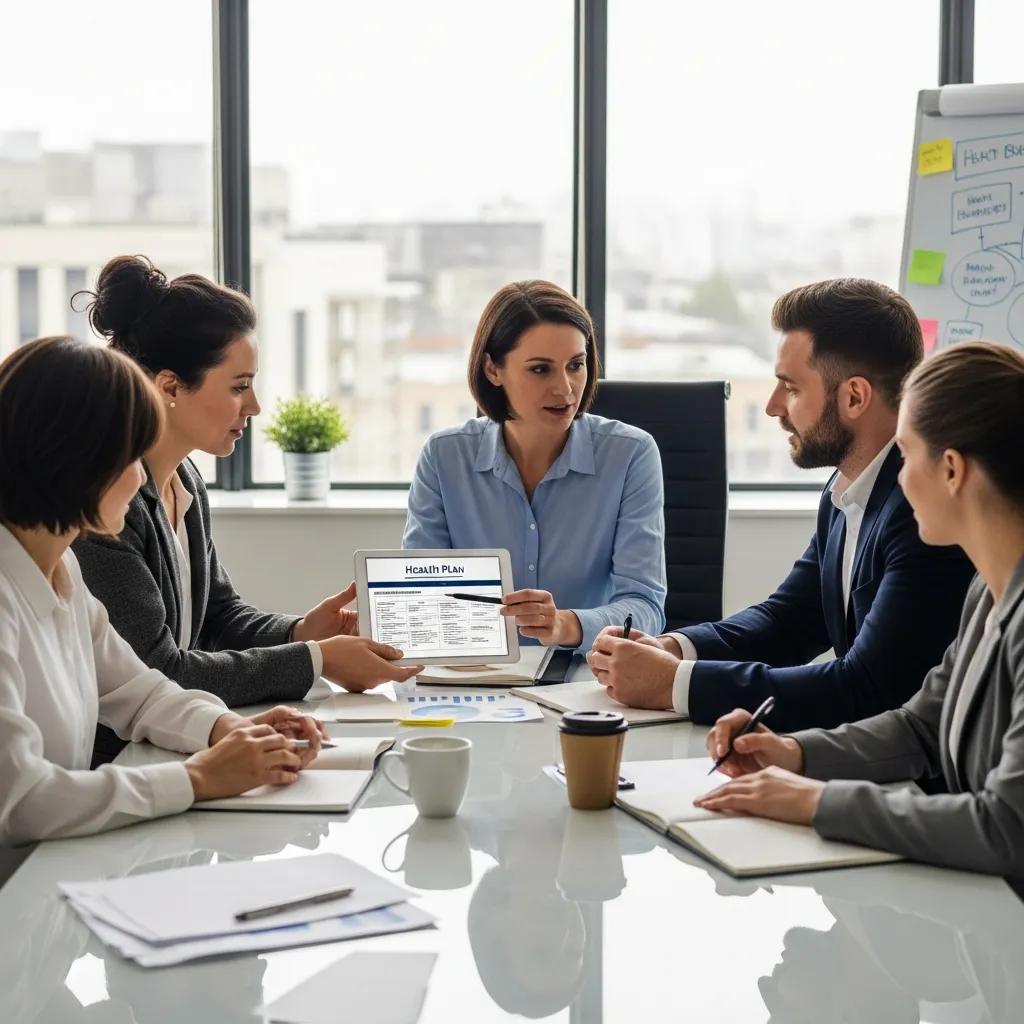 Diverse group of Michigan employers discussing health insurance options and reviewing a health plan document in a modern office setting.