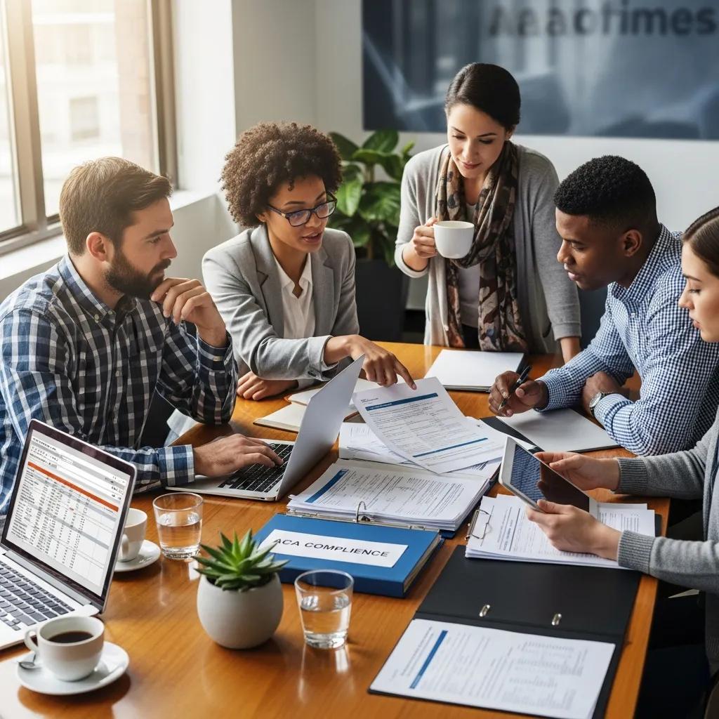 Diverse small business owners collaborating on ACA compliance documents