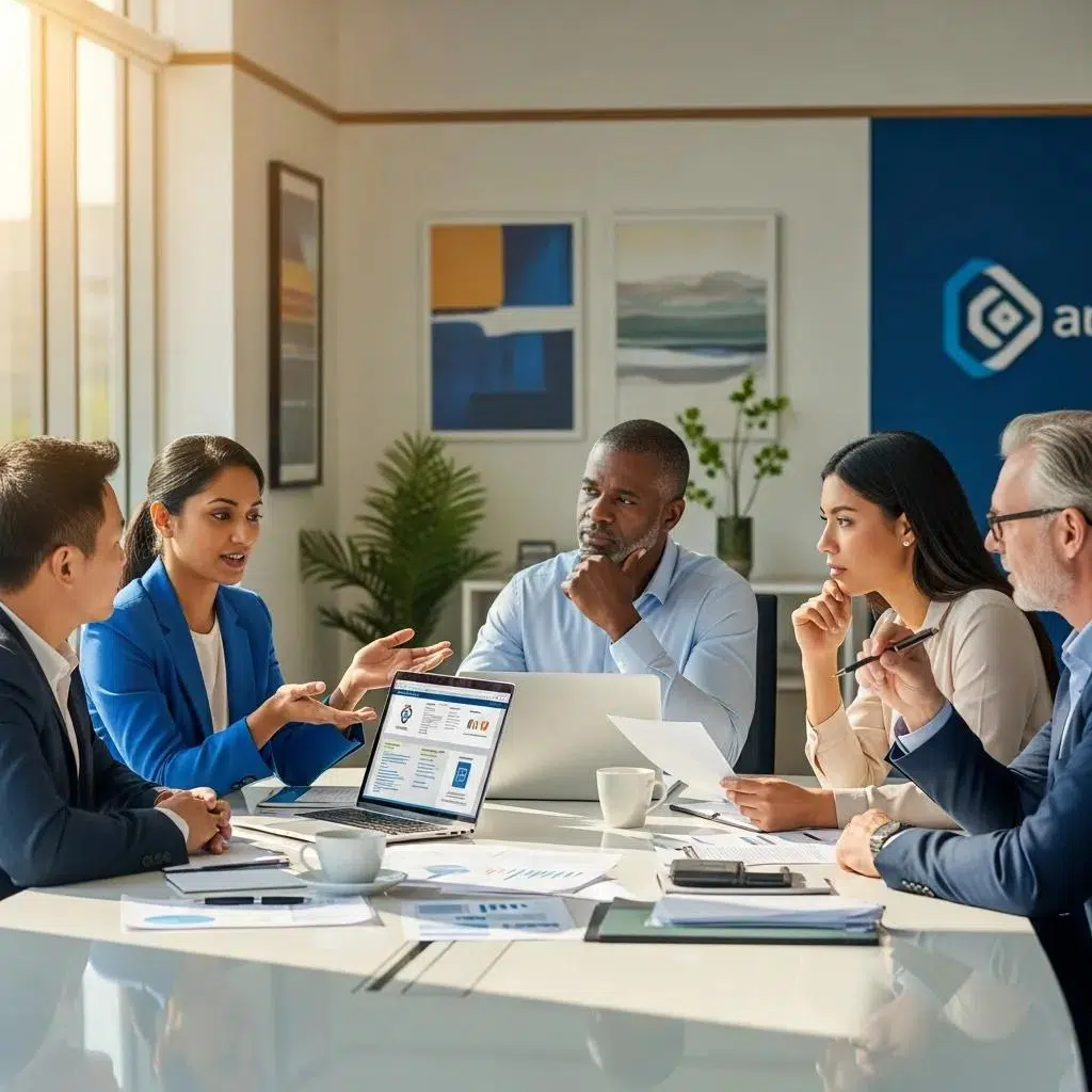 Diverse small business owners discussing health insurance options in a modern office
