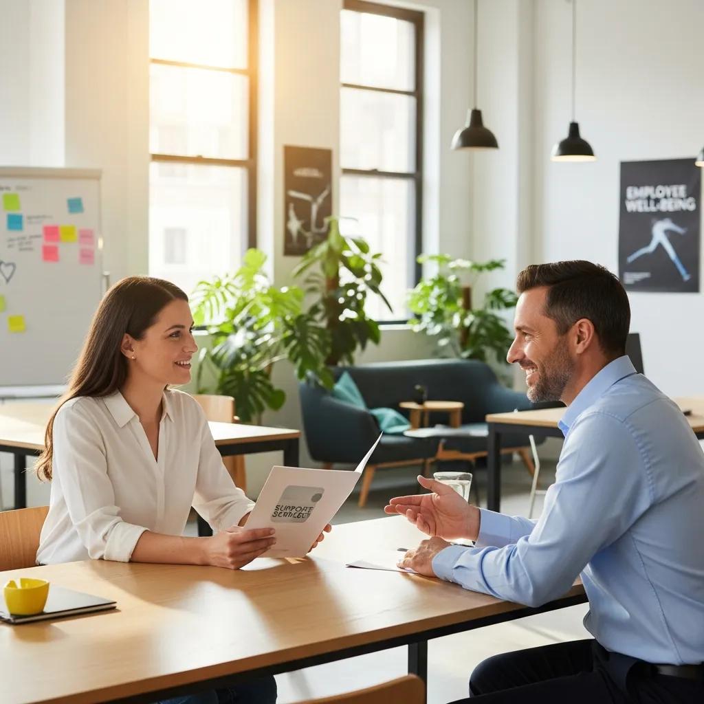 Employee receiving support from a manager in a bright office environment