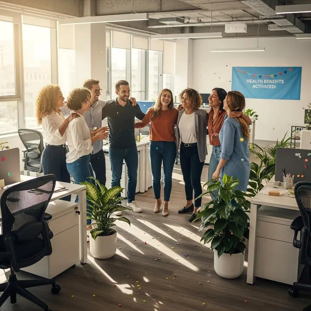 Employees celebrating the benefits of affordable group health insurance in a modern office