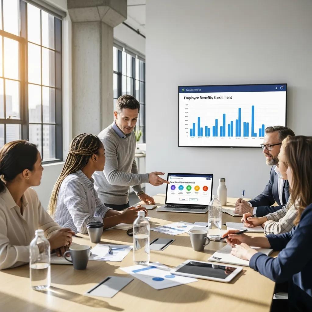 Employees discussing benefits administration in a modern office, with a presenter pointing at a laptop displaying benefits management software and a screen showing employee benefits enrollment data.