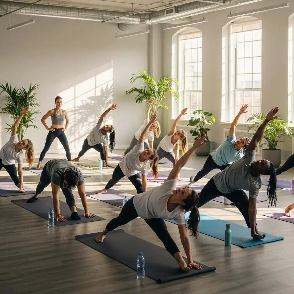 Employees engaging in a wellness program with yoga in a bright office environment