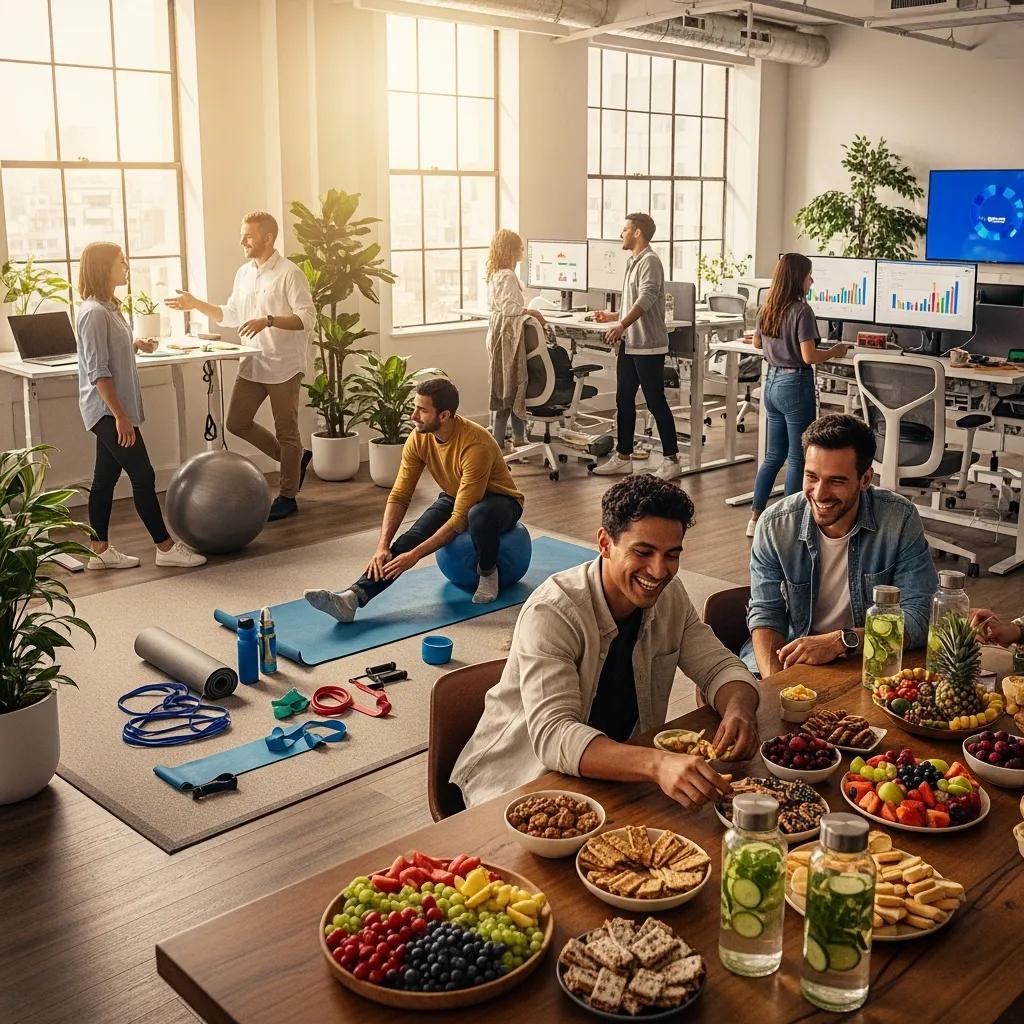 Employees participating in a wellness program in a modern office setting
