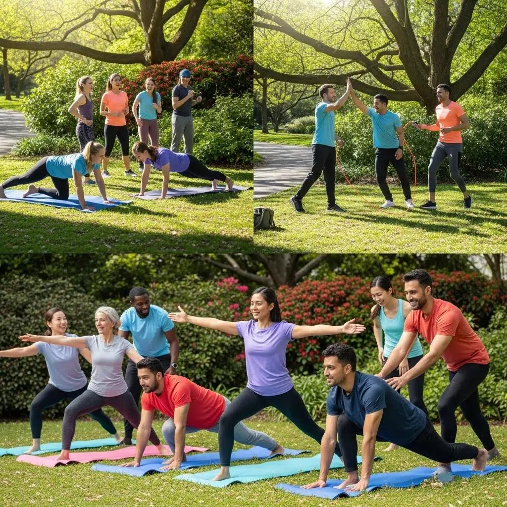 Employees participating in a wellness program outdoors, promoting health and teamwork